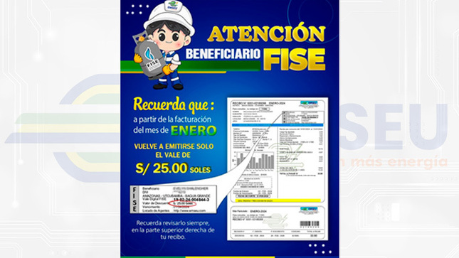 ⚡ #EMSEU | 
A partir de la facturación de enero, el Vale FISE estará emitiendo un crédito exclusivo de 25 soles para la compra de tu gas GLP.

¿Quieres ser parte de los beneficiarios? ¡Es sencillo!
Solo necesitas los siguientes requisitos:

🔸Ter cocina a gas.

🔸 Presentar la copia de tu DNI.

🔸 Una copia de tu recibo de consumo eléctrico.

🔸Tener un promedio de consumo eléctrico de menor/igual a 70KW.

🔸Pertenecer a algún grupo vulnerable.

RECUERDA: Si no eres usuario del servicio eléctrico y eres estudiante o percibes un ingreso económico menor a S/ 1 500 soles; también puedes acceder a este beneficio.

Acércate a nuestras oficinas y podrás disfrutar de este increíble beneficio. ¡No te quedes fuera!

¡Con EMSEU S.A.C, tu comodidad y ahorro están garantizados! 💡🔥
#BaguaGrande #Cajaruro #ValeFISE #GasGLP #AhorroEnergético