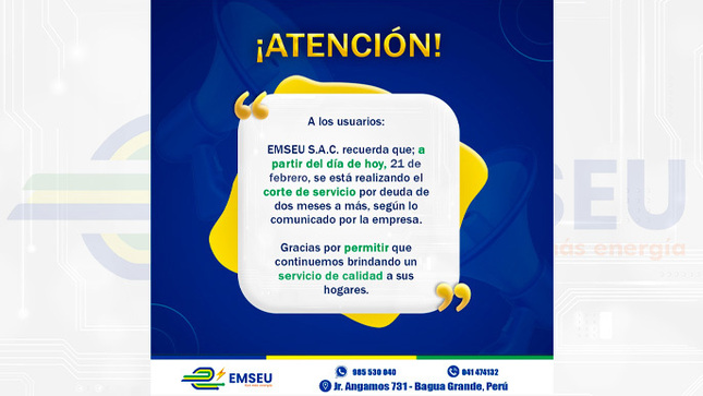 #EMSEU S.A.C INFORMA | A partir de hoy, nuestros técnicos están realizando el corte de servicio a aquellos usuarios que tengan deuda de dos meses a más.

El corte se mantendrá hasta que se cancele dicha deuda, de esa manera se podrá seguir con la reposición.

𝗥𝗘𝗖𝗨𝗘𝗥𝗗𝗔 pagar tus recibos con puntualidad, para evitar este tipo de contratiempos.
#BaguaGrande #Cajaruro #PagaPuntual