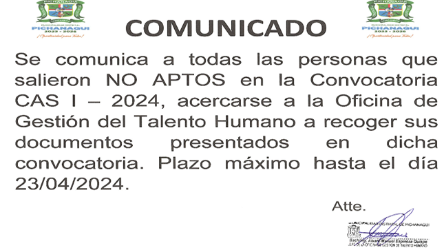 Comunicado Para los Postulantes al CAS I-2024 (No Aptos)