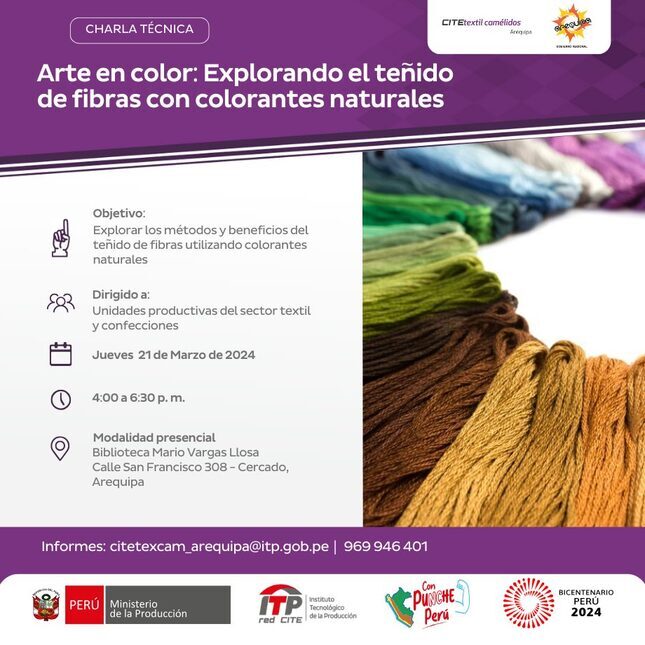 Flyer: Charla Arte en color: Explorando el teñido de fibras con colorantes naturales
