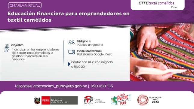 Flyer charla virtual Educación Financiera para Emprendedores en Textil Camélidos