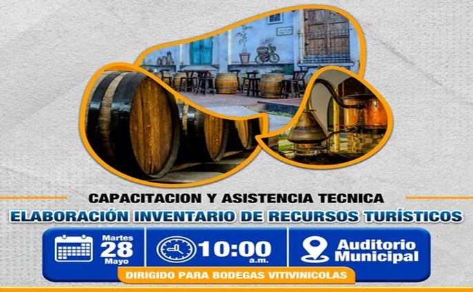 La Municipalidad Distrital de Lunahuaná, invitan a todas las Bodegas Vitivinícola a la Capacitación y Asistencia Técnica en la ELABORACION DE INVENTARIO DE RECURSOS TURÍSTICO.
🗓️𝐃𝐢́𝐚: Martes 28 de mayo 2024
🕝𝐇𝐨𝐫𝐚: 10:00 de la mañana.
📍𝐋𝐮𝐠𝐚𝐫: Auditorio Municipal