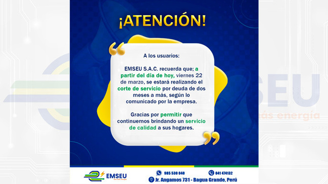 A partir de hoy, nuestros técnicos están realizando el corte de servicio a aquellos usuarios que tengan deuda de dos meses a más.
El corte se mantendrá hasta que se cancele dicha deuda, de esa manera se podrá seguir con la reposición.
Muchas gracias por permitirnos continuar llevando energía eléctrica a sus hogares y cumplir con nuestra labor con el respeto mutuo.
 𝗥𝗘𝗖𝗨𝗘𝗥𝗗𝗔 pagar tus recibos con puntualidad, para evitar este tipo de contratiempos.
#BaguaGrande #Cajaruro #PagaPuntual 
Ver menos