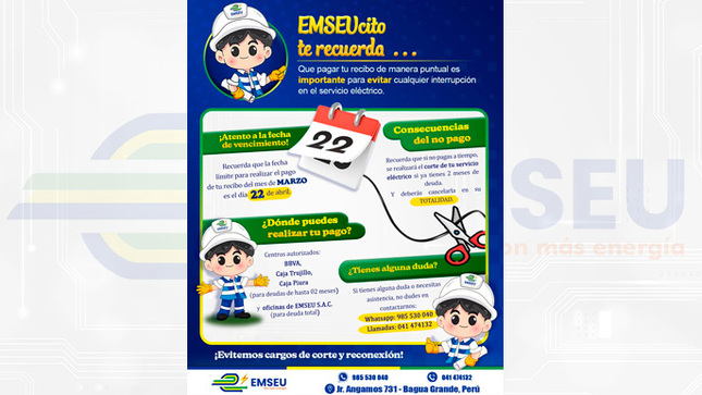 #EMSEU | ¡𝐀𝐭𝐞𝐧𝐜𝐢𝐨́𝐧 𝐚 𝐭𝐨𝐝𝐨𝐬 𝐧𝐮𝐞𝐬𝐭𝐫𝐨𝐬 𝐮𝐬𝐮𝐚𝐫𝐢𝐨𝐬!
¡Mantengamos nuestro servicio sin interrupciones!
No pierdas de vista que el pago de tu recibo vence el día lunes 22 de abril. Pagar a tiempo es la clave para evitar cortes y costos adicionales.
Beneficios: Al pagar puntualmente, aseguras la continuidad de un servicio eléctrico confiable.
Utiliza nuestros puntos autorizados para pagos fáciles y seguras.
Si necesitas ayuda o tienes alguna consulta, estamos aquí para guiarte y resolver cualquier pregunta que tengas. ¡Contáctanos hoy mismo!
¡Tu compromiso con el pago puntual hace posible un servicio de calidad para todos!
#BaguaGrande #Cajaruro #PagaPuntual