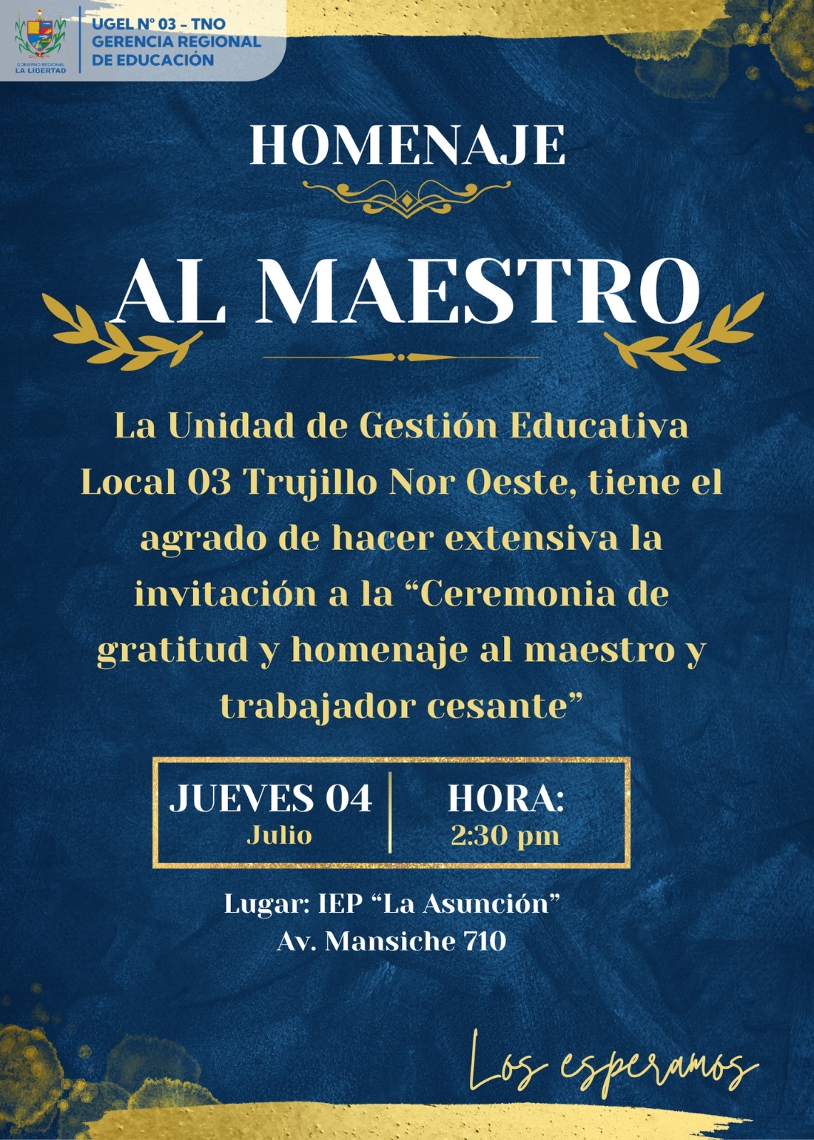 Estimado(a) Maestro(a) y Trabajador Cesante (periodo 2023 - 2024) se hace extensiva la invitación a su ceremonia de reconocimiento y gratitud por su loable labor.