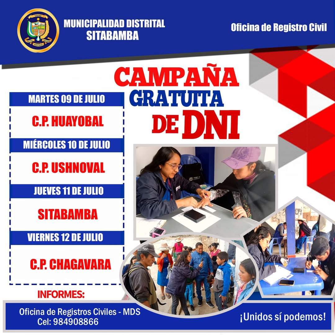 MUNICIPALIDAD DE SITABAMBA Y RENIEC REALIZARÁN CAMPAÑA DE DOCUMENTACIÓN GRATUITA