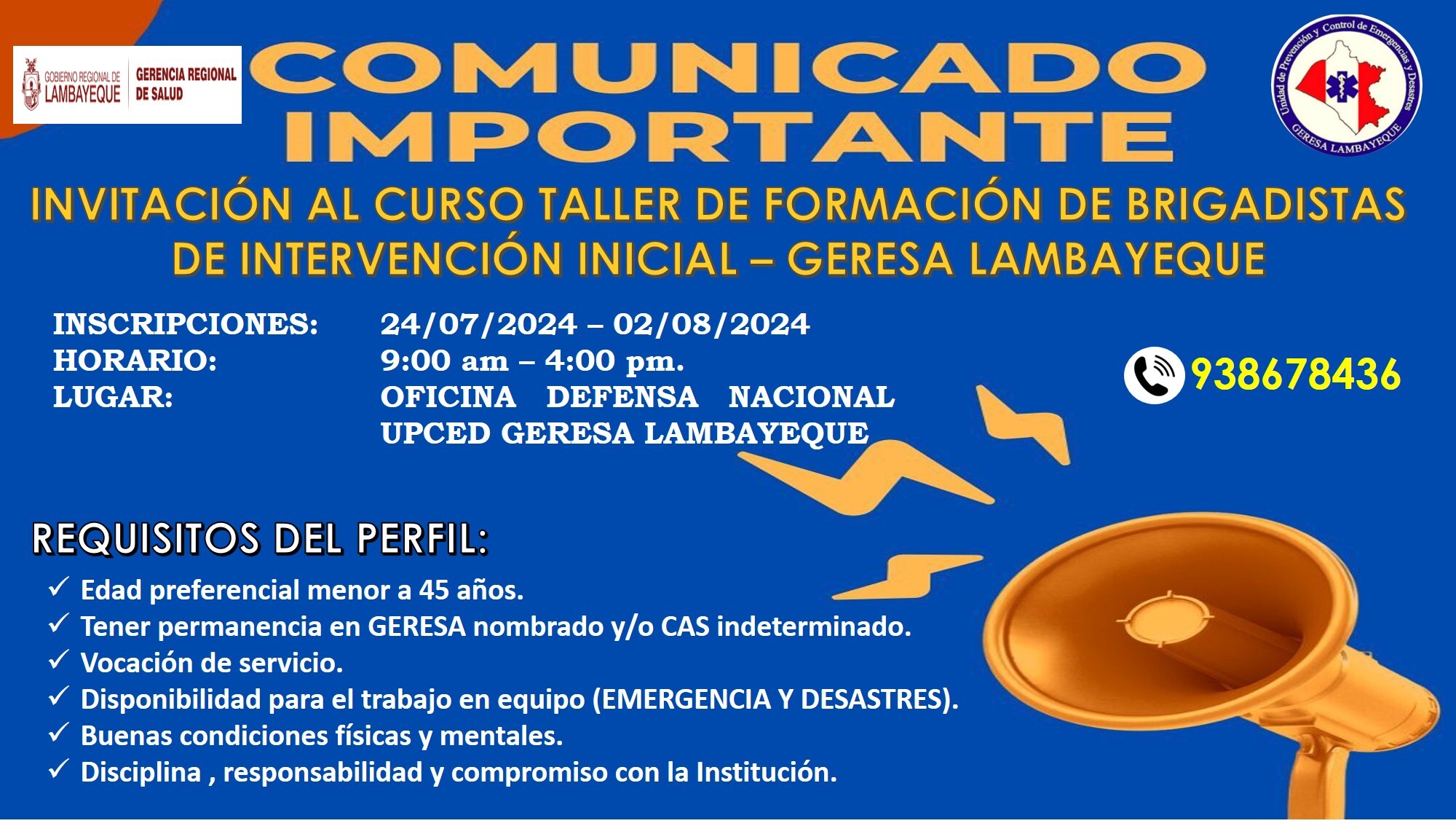 Comunicado de invitacion a curso taller de brigadistas. No tiene costo.