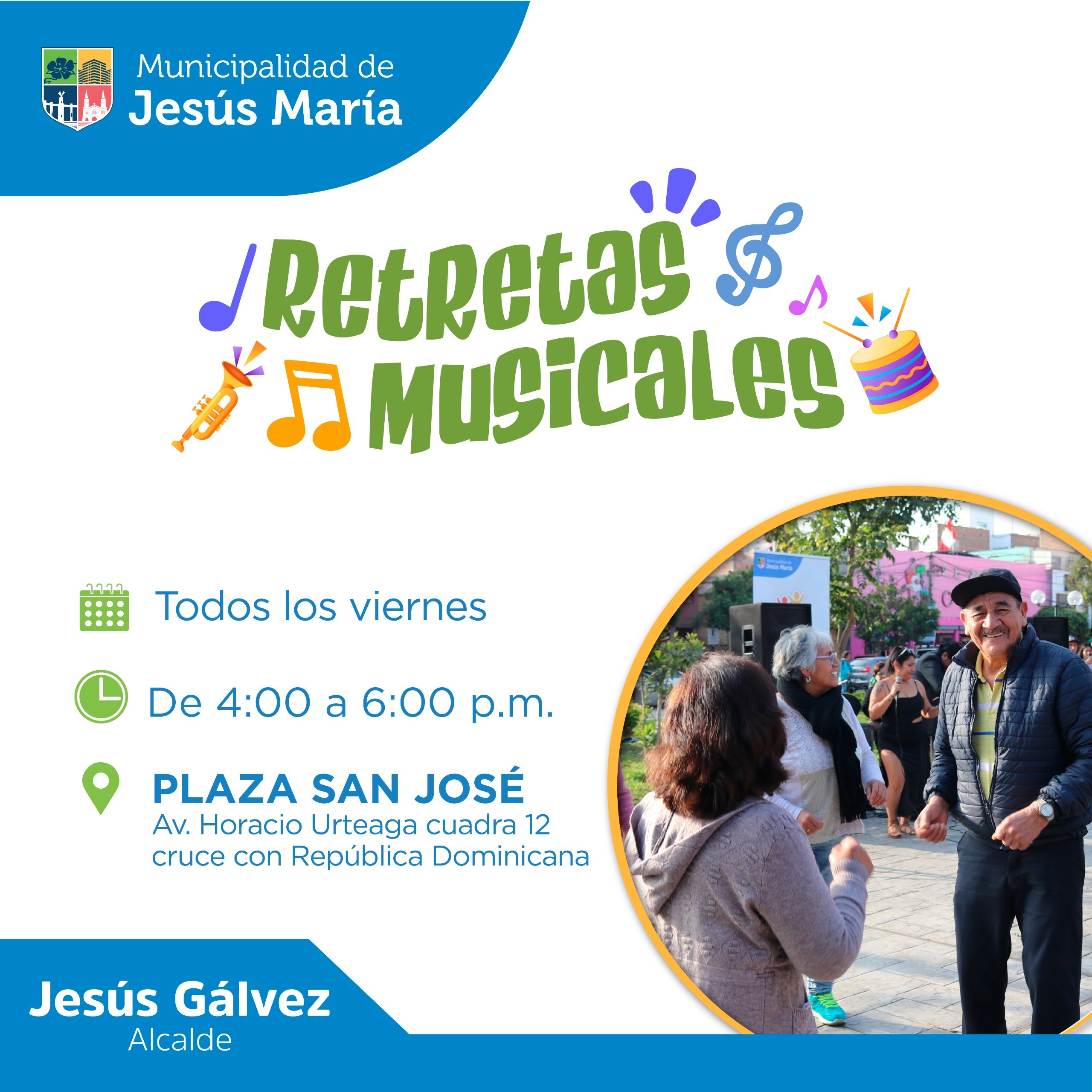 Todos Los Viernes 
De 4:00 a 6:00 p.m
Plaza San José - Av Horacio Urteaga Cuadra 12 Cruce con República Dominicana