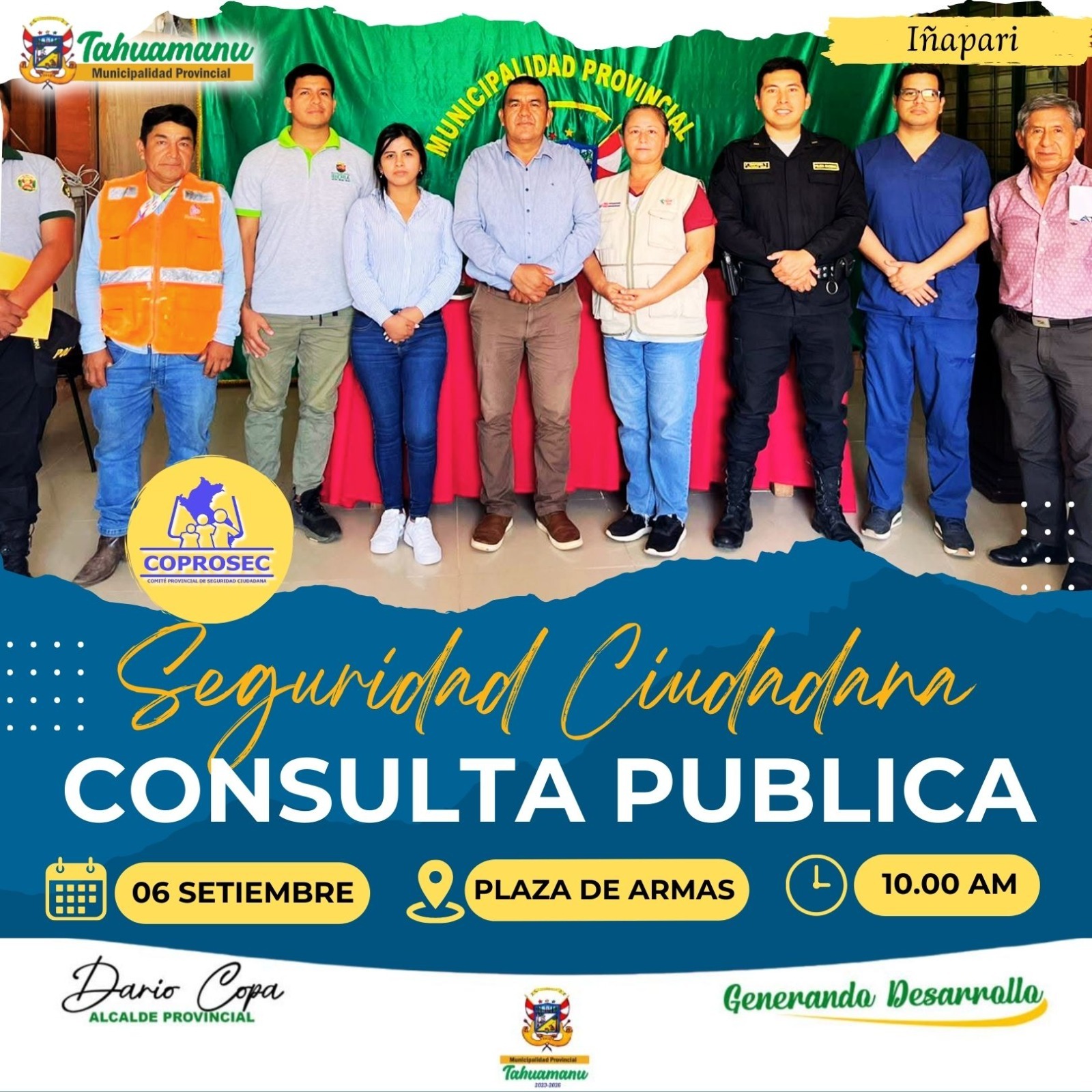 Invitación a la Audiencia Pública del COMITE PROVINCIAL DE SEGURIDAD CIUDADANA - COPROSEC TAHUAMANU