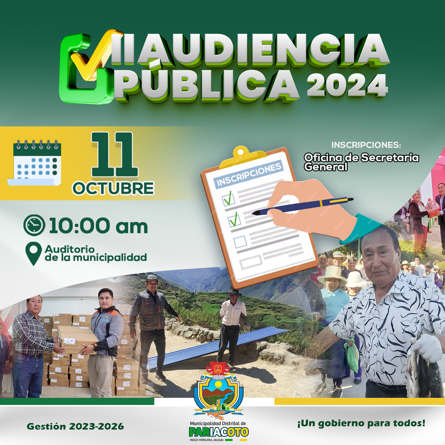 Vecino (a) este 09 de octubre se llevará a cabo la II Audiencia Pública 2024, por lo que tu participación es importante.