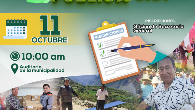 Vecino (a) este 11 de octubre se llevará a cabo la II Audiencia Pública 2024, por lo que tu participación es importante.
Lugar: Auditorio de la Municipalidad Distrital de Pariacoto. 
Hora: 10:00 a.m.
Se invita a la comunidad activa a inscribirse desde este 02 de octubre en el horario de 8:00 am a 13:00 y de 14:00 a 17:00 horas.
La inscripción para hacer uso de la palabra en la Audiencia Pública, se inicia junto con la convocatoria y concluye el mismo día del mencionado evento, Las inscripciones se realizarán en la oficina de Secretaría General de la Municipalidad, la misma que acreditará a los participantes.
