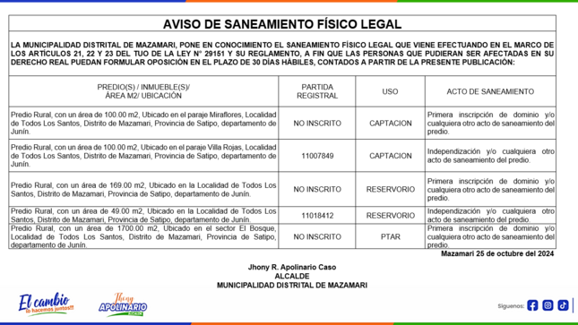 Aviso de Saneamiento Físico Legal