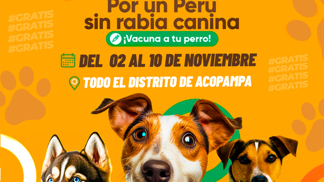 #VacunaciónGratuita | #CampañaVancan2024 
Vacuna a tu mascota contra la rabia de manera GRATUITA!
El equipo médico estará recorriendo todos los caseríos del distrito de Acopampa para desarrollar la Campaña de vacunación antirrábica canina "Van Can 2024".

La fecha de vacunación será del 02 al 10 de noviembre en todo el distrito.