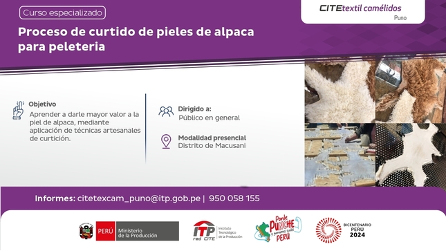 Flyer del curso especializado de proceso de curtidos de pieles de alpaca para peletería