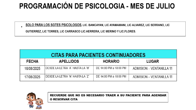 Citas Psicología para pacientes - Julio 2025