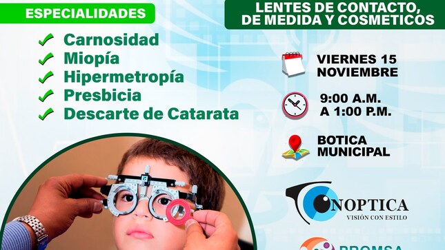 Vecino sunampino pasa la voz y asiste este Viernes 15 de Noviembre desde las 09:00 AM, en la Botica Municipal, medida de vista gratuita, lentes de contacto, de medida y cosméticos.
