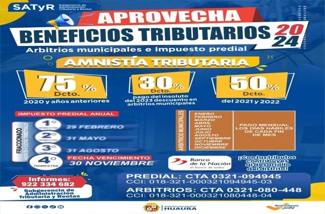 APROVECHA LOS BENEFICIOS TRIBUTARIOS 2024 CON GRANDES DESCUENTOS EN ARBITRIOS MUNICIPALES E IMPUESTO PREDIAL