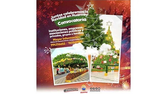 Con el objetivo de dar realce a estas fiestas navideñas, La Municipalidad Provincial de Huarmey, invita a todas las empresas e instituciones públicas y privadas, adoptar y adornar un árbol en nuestra Plaza Independencia y el Boulevard Alberto Reyes. 

Informes en la Oficina de Comunicaciones e Imagen Institucional de la MPH.
Cel 994316652 / 961569981