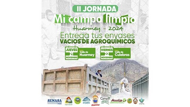 La Municipalidad Provincial de Huarmey a través de la Gerencia Desarrollo Económico, Dirección Regional Agraria - Ancash, Senasa, Campo Limpio Perú, Acudip, Comité de Monitoreo Ambiental Huarmey realizarán la segunda Jornada de limpieza denominada "Mi campo Limpio" con el recojo de envases vacíos de agroquímicos. 
✅DIA: jueves 21 de noviembre 2024
LUGAR: Valle de Huarmey.
HORARIO: 08:00 a.m. hasta 03:00 p.m.
✅DIA: Viernes 22 de noviembre 2024
LUGAR: Valle de Culebras.
HORARIO: 08:00 a.m. hasta 03:00 p.m.