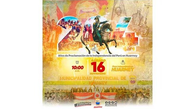La Municipalidad Provincial de Huarmey, invita a participar del IZAMIENTO DE BANDERAS, conmemorando los 204º Aniversario de la proclamación de la INDEPENDENCIA DEL PERÚ EN HUARMEY 

Fecha: Sábado 16 de noviembre 2024.
Hora: 10:00 a.m.
Lugar: Plaza Independencia de Huarmey.
Con la participación de las instituciones publicas y privadas de la provincia de Huarmey. 🇵🇪 Orgullosos de ser peruanos