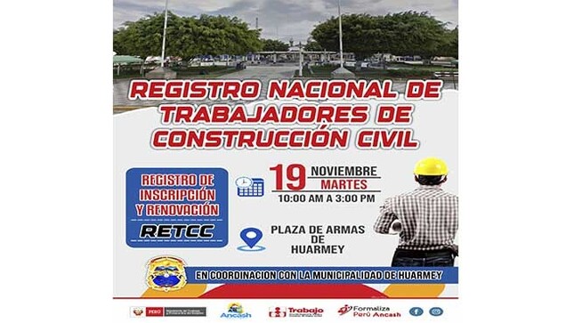 CAMPAÑA DE REGISTRO NACIONAL DE TRABAJADORES DE CONSTRUCCIÓN CIVIL

La Municipalidad Provincial de Huarmey en coordinación con la Dirección Regional de Trabajo y Promoción del Empleo, realizarán este MARTES 19 de NOVIEMBRE a partir de las 10.00 a.m.  a 3:00 p.m. en la Plaza Independencia, la Campaña de Difusión de la Normativa Laboral y Registro de Trabajadores de Construcción Civil. 

Acércate y conoce los Servicios Gratuitos que se brindará. Te esperamos…