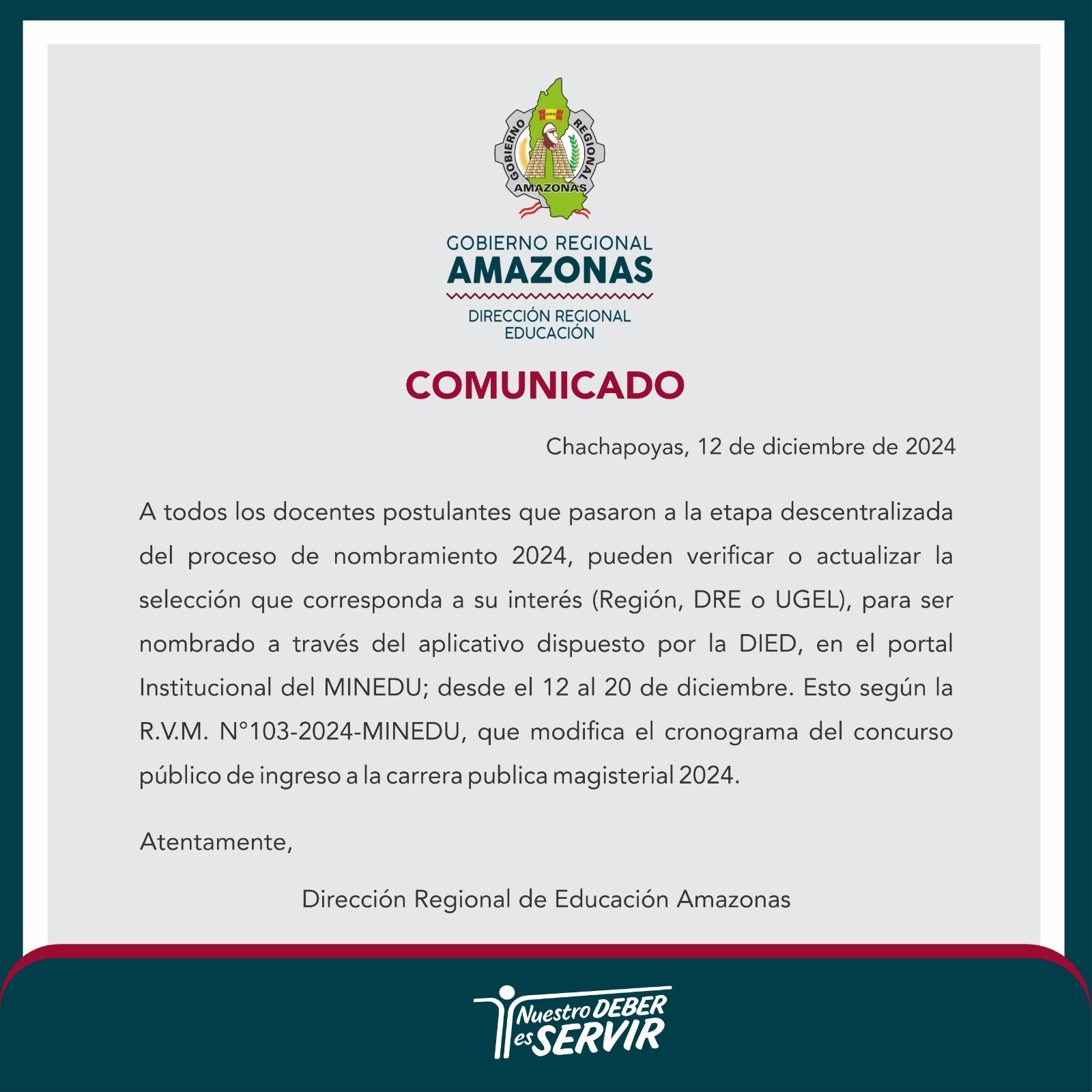 Comunicado a los postulantes que Pasaron la Etapa Descentralizada del concurso publico del ingreso a la carrera publica magisterial
