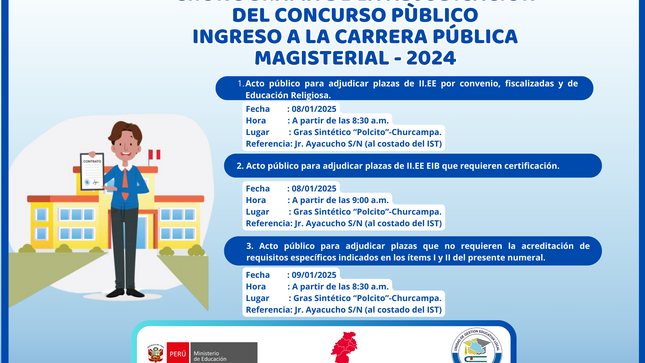 Compartimos el cronograma de la adjudicación del concurso público, ingreso a la carrera Pública Magisterial-2024.