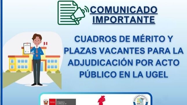 Compartimos el cuadro de mérito y plazas  para la adjudicación del concurso público, ingreso a la carrera Pública Magisterial-2024.