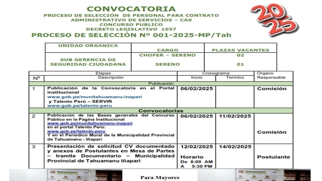 CONVOCATORIA DE TRABAJO PARA PERSONAL DE SERENAZGO DE LA MUNICIPALIDAD PROVINCIAL DE TAHUAMANU - IÑAPARI
PROCESO DE SELECCIÓN  DE PERSONAL PARA CONTRATO ADMINISTRATIVO DE SERVICIOS – CAS - CONCURSO PUBLICO 
DECRETO LEGISLATIVO  1057 
PROCESO DE SELECCIÓN Nº 001-2025-MP/Tah