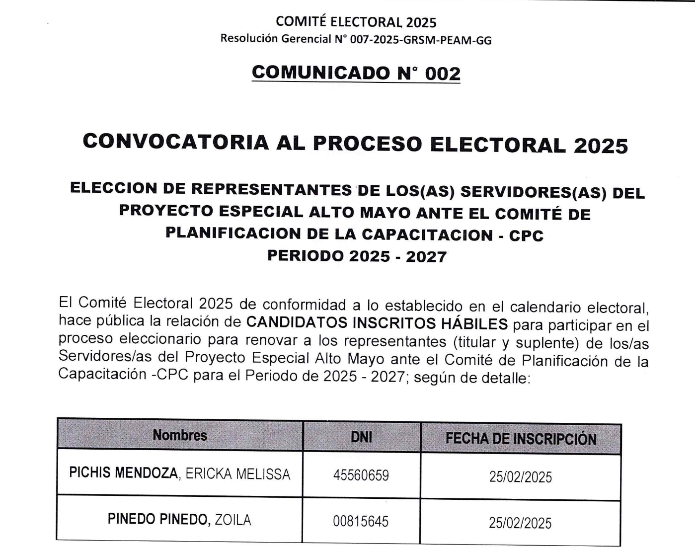 Inscripción de Candidatos - Convocatoria al Proceso Electoral 2025