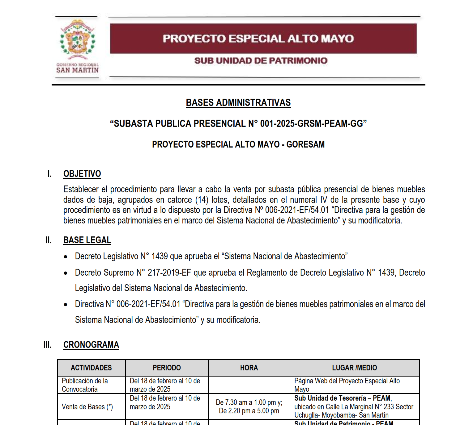 Bases Administrativas - Subasta Pública Presencial 2025