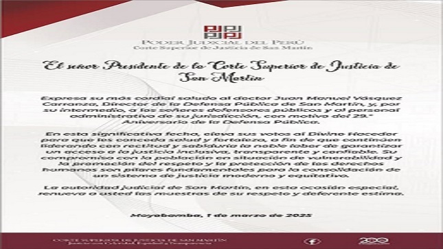 Saludo institucional por el 29° Aniversario de la Defensa Publica de San Martín