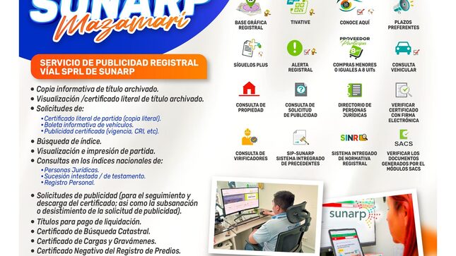 La Municipalidad Distrital de Mazamari informa a la población sobre los servicios disponibles a través del Agente SUNARP, facilitando trámites registrales de manera accesible y eficiente.