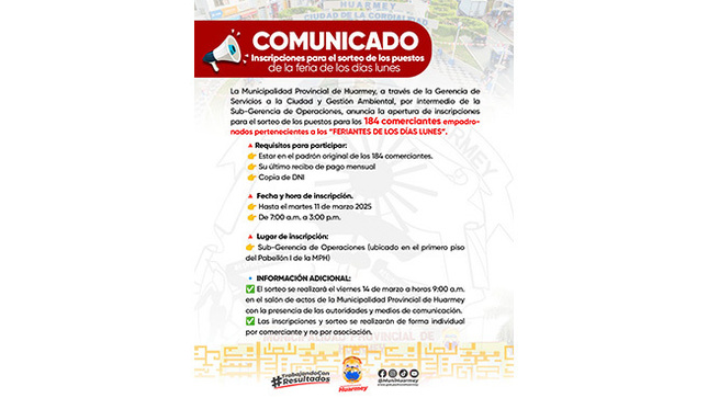 Inscripciones para el sorteo de los puestos de la feria de los días lunes