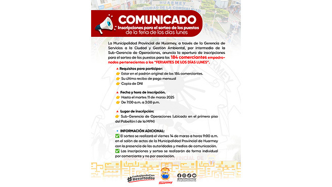 Inscripciones para el sorteo de los puestos de la feria de los días lunes
