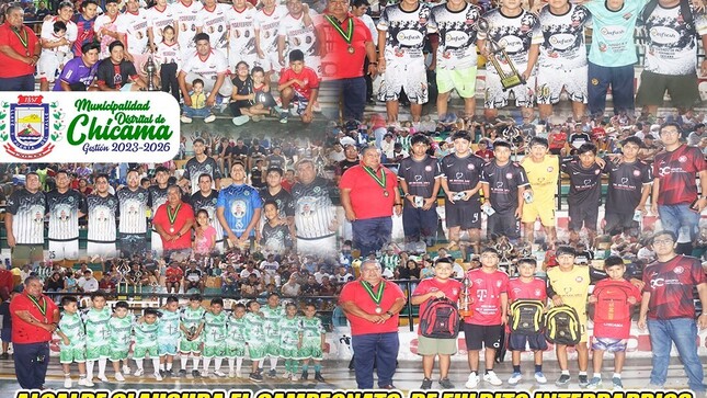 Nuestro Alcalde Edilberto Bada Castillo, el último viernes 21 de marzo, clausuró el tradicional Campeonato Inter Barrios Verano 2025, llegó a su emocionante fin con la clausura de las disciplinas de fulbito. Niños, adolescentes, jóvenes y adultos participaron en las diferentes categorías del torneo que se llevó a cabo en la losa deportiva del Coliseo Víctor Raúl Haya de la Torre, Este evento deportivo, que congregó a cientos de aficionados del fulbito, culminó con vibrantes partidos que definieron a los campeones del Campeonato Inter barrios 2025, Premiando a los ganadores del torneo.
𝙀𝙙𝙞𝙡𝙗𝙚𝙧𝙩𝙤 𝘽𝙖𝙙𝙖 𝘾𝙖𝙨𝙩𝙞𝙡𝙡𝙤
𝘼𝙡𝙘𝙖𝙡𝙙𝙚 𝙙𝙚𝙡 𝘿𝙞𝙨𝙩𝙧𝙞𝙩𝙤 𝙙𝙚 𝘾𝙝𝙞𝙘𝙖𝙢𝙖