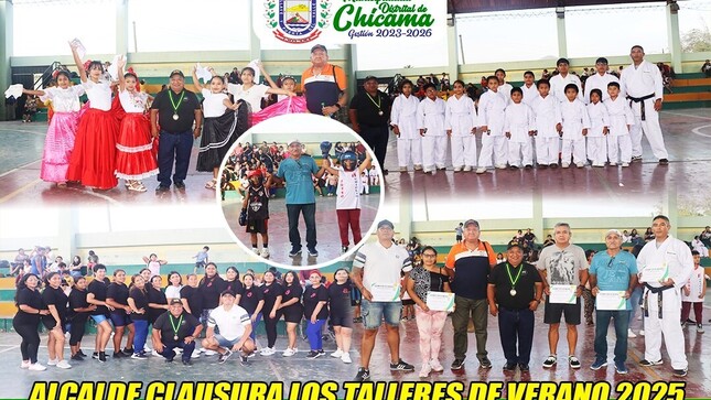 El alcalde Edilberto Bada Castillo clausuró los talleres gratuitos de verano que se dictaron de forma descentralizada y gratuita para los niños, adolescentes y madres de familia del Distrito de Chicama. Son más de 200 niños que se beneficiaron con talleres de fútbol, vóley, karate, marinera, box y zumba. En su mensaje, el burgomaestre felicitó y destacó el talento de cada uno de los participantes y enfatizó que su gestión continuará promoviendo estas actividades que buscan fomentar la práctica del deporte, la recreación y el desarrollo de habilidades y destrezas.
𝙀𝙙𝙞𝙡𝙗𝙚𝙧𝙩𝙤 𝘽𝙖𝙙𝙖 𝘾𝙖𝙨𝙩𝙞𝙡𝙡𝙤
𝘼𝙡𝙘𝙖𝙡𝙙𝙚 𝙙𝙚𝙡 𝘿𝙞𝙨𝙩𝙧𝙞𝙩𝙤 𝙙𝙚 𝘾𝙝𝙞𝙘𝙖𝙢𝙖