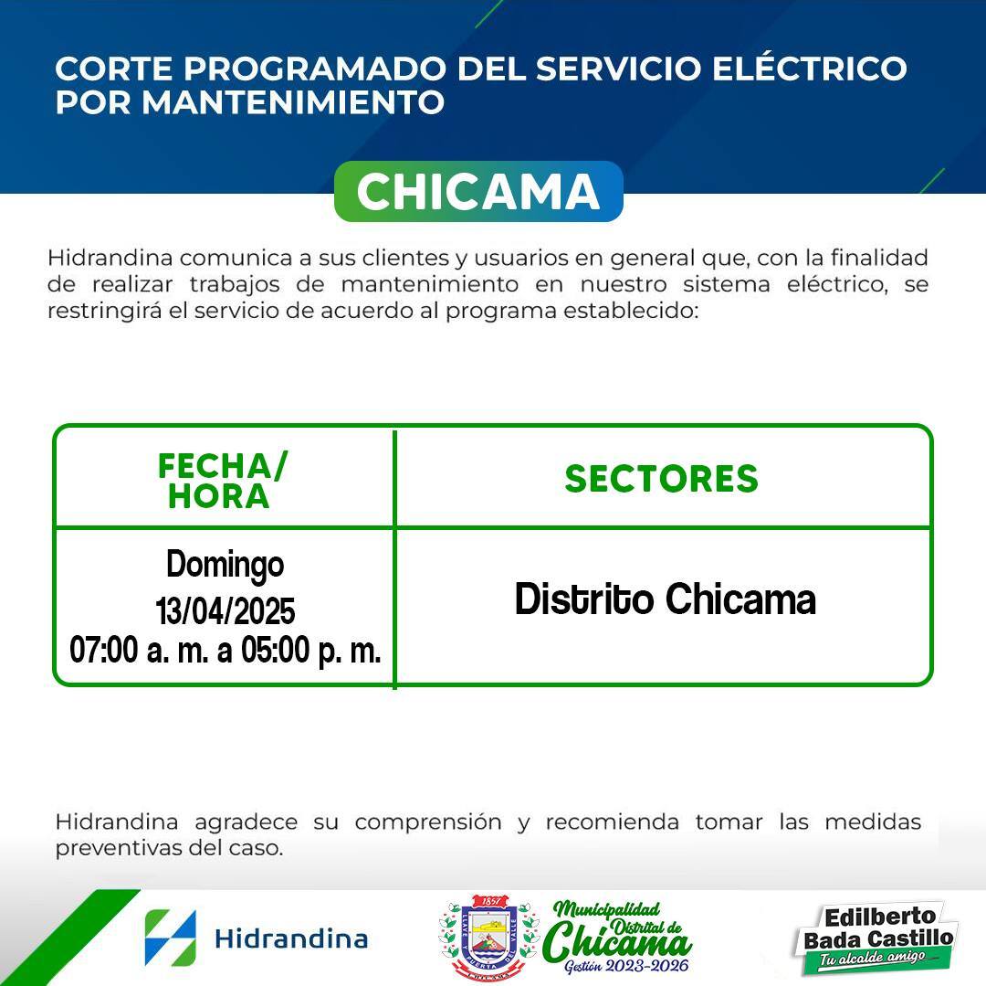 CORTE PROGRAMADO DE ENERGÍA ELÉCTRICA – CHICAMA