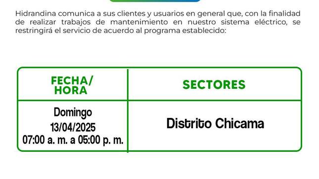 CORTE PROGRAMADO DE ENERGÍA ELÉCTRICA – CHICAMA
Este domingo 13 de abril, de 07:00 a. m. a 05:00 p. m., Hidrandina realizará trabajos de mantenimiento en el sistema eléctrico.
Zona afectada: Distrito de Chicama
Se recomienda tomar precauciones y planificar con anticipación tus actividades.
Agradecemos tu comprensión. ¡Trabajamos para brindarte un mejor servicio!