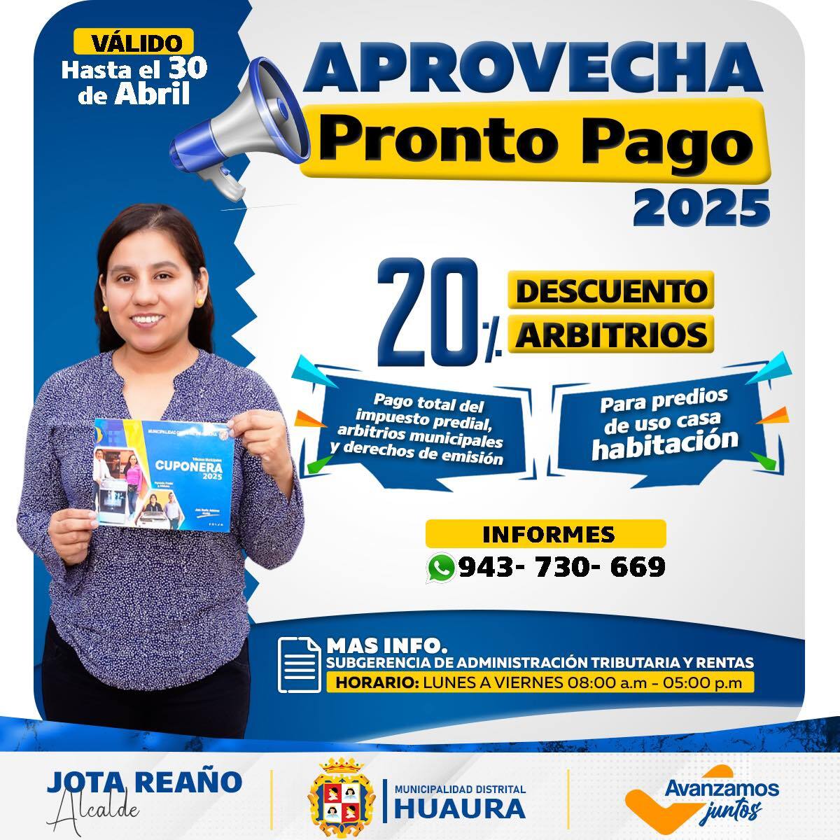 ¡¡𝘼𝙩𝙚𝙣𝙘𝙞𝙤́𝙣 𝙘𝙤𝙣𝙩𝙧𝙞𝙗𝙪𝙮𝙚𝙣𝙩𝙚!!
APROVECHA EL DESCUENTO DEL 𝗣𝗥𝗢𝗡𝗧𝗢 𝗣𝗔𝗚𝗢, Y PAGA TU ARBITRIO MUNICIPAL CON EL 20% DE DESCUENTO