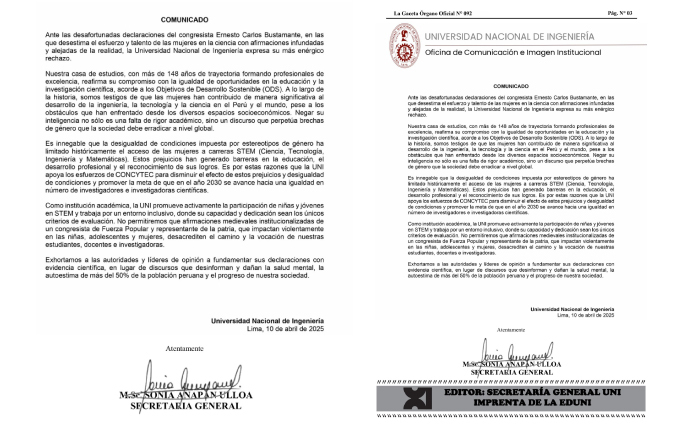 Pronunciamiento de la Universidad Nacional de Ingeniería, ante las expresiones vertidas por el Congresista Carlos Ernesto Bustamante Donayre.
