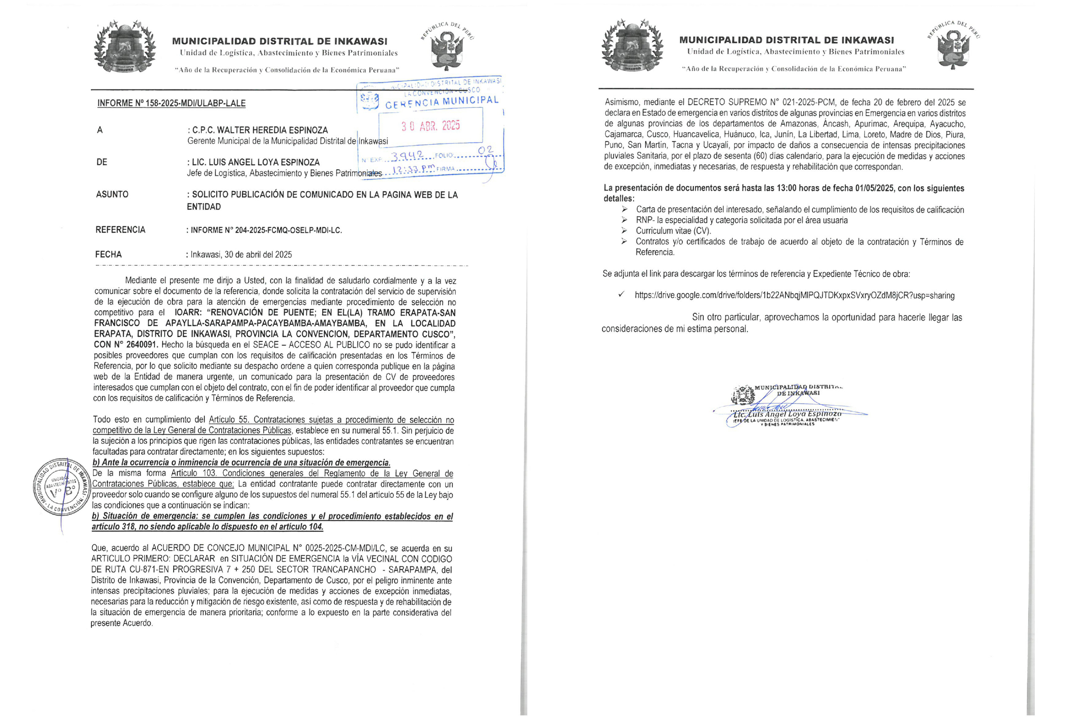 Invitacion a Profesionales sobre cumplimiento de requisitos de calificaion segun Terminos de referencia.
para mayor información descargar en el siguiente link:
ttps://drive.google.com/drive/folders/1b22ANbqjMlPQJTDKxpxSVxryOZdM8jCR?usp=sharing