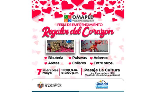 ¡Vecino de El Agustino! 💛 La OMAPED de la Municipalidad de El Agustino te invita a una feria única, llena de talento, creatividad y oportunidades.
🛍️ Encuentra los mejores regalos hechos con amor:
🔸 Bisutería fina: aretes, pulseras, collares
🔸 Adornos artesanales y más sorpresas
🎨 Todo elaborado por personas con habilidades especiales que demuestran que el talento no tiene límites. ¡Apóyalos comprando sus productos!
📅 Fecha: Miércoles 7 de mayo
⏰ Hora: De 10:00 a.m. a 4:00 p.m.
📍 Lugar: Pasaje La Cultura (Av. Riva Agüero 1358, al costado de la Municipalidad de El Agustino)
🎉 ¡Ven con tu familia y sé parte de esta experiencia solidaria y emprendedora, te esperamos!