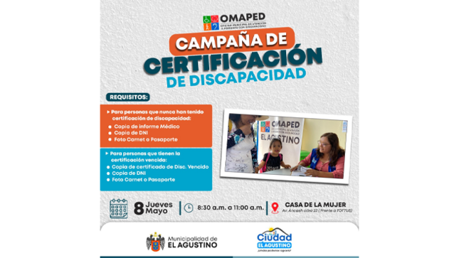 ¡𝗔𝘁𝗲𝗻𝗰𝗶𝗼́𝗻 𝘃𝗲𝗰𝗶𝗻𝗼/a! 𝗦𝗶 𝗲𝘀𝘁𝗮́𝘀 𝗶𝗻𝘁𝗲𝗿𝗲𝘀𝗮𝗱𝗼/𝗮 𝗲𝗻 𝗼𝗯𝘁𝗲𝗻𝗲𝗿 𝗲𝗹 𝗰𝗲𝗿𝘁𝗶𝗳𝗶𝗰𝗮𝗱𝗼 𝗱𝗲 𝗱𝗶𝘀𝗰𝗮𝗽𝗮𝗰𝗶𝗱𝗮𝗱 que te permitirá adquirir el Carnet de CONADIS y acceder a los servicios y beneficios que corresponden, te invitamos a participar en las 𝗶𝗻𝘀𝗰𝗿𝗶𝗽𝗰𝗶𝗼𝗻𝗲𝘀 𝗾𝘂𝗲 𝘀𝗲 𝗿𝗲𝗮𝗹𝗶𝘇𝗮𝗿án 𝗱𝗲𝗹 𝗱𝗶́𝗮 𝗷𝘂𝗲𝘃𝗲𝘀 𝟬𝟴 𝗱𝗲 𝗺𝗮𝘆𝗼.
 Lugar: 𝗢𝗳𝗶𝗰𝗶𝗻𝗮 𝗱𝗲 𝗢𝗠𝗔𝗣𝗘𝗗, ubicada en la Casa Municipal de la Mujer, Av. Ancash cuadra 23.
¡Aprovecha esta oportunidad!