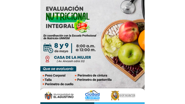 En coordinación con la Escuela Profesional de Nutrición de la UNMSM, lanzamos nuestra Campaña Nutricional Integral, pensada para cuidar tu salud y bienestar 💚.
Contaremos con control de peso, talla, perímetro de cuello, cintura y pantorrilla, evaluaciones clave para conocer tu estado nutricional y prevenir enfermedades.
👩‍⚕️👨‍⚕️ Ven y participa, ¡tu salud lo vale!
📍 Casa de la Mujer (Av. Áncash cuadra 23)
📅 8 y 9 de mayo
⏰ 8:00 a.m. a 12:00 m.
¡Te esperamos con información, orientación y compromiso por tu bienestar!