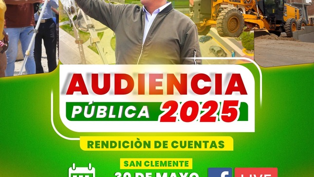 En cumplimiento a los principios de transparencia, participación ciudadana y buen gobierno, la Municipalidad Distrital de San Clemente, liderada por el alcalde Alejandro Felipe Escate Palacios, convoca a la Audiencia Pública donde se dará a conocer el Informe de Gestión y se realizará la Rendición de Cuentas del año fiscal 2025.