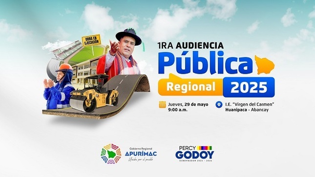 El gobernador regional de Apurímac, Percy Godoy Medina, convoca a las entidades públicas y privadas, sociedad civil organizada y ciudadanía de la región, a la Primera Audiencia Pública Regional de Rendición de Cuentas 2025, a fin de dar cuenta sobre las acciones realizadas.