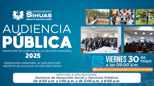 💠 PRIMERA AUDIENCIA PÚBLICA DE RENDICIÓN DE CUENTAS 2025 👏
🔹 En cumplimiento de la Ordenanza N°005-2023-MPS y el Decreto de Alcaldía N°003-2025-MPS/A.