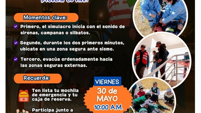La Municipalidad Distrital de Huanoquite, a través de la Oficina de Gestión del Riesgo de Desastres, invita a toda la población a participar activamente en el Simulacro Nacional Multipeligro 2025, que se llevará a cabo el viernes 30 de mayo a las 10:00 a.m.