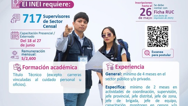 El INEI ha iniciado la convocatoria para formar parte de los Censos Nacionales 2025 📝🇵🇪
Se necesitan 717 Supervisores de Sector Censal a nivel nacional. ¡Esta es tu oportunidad de contribuir al desarrollo del país!